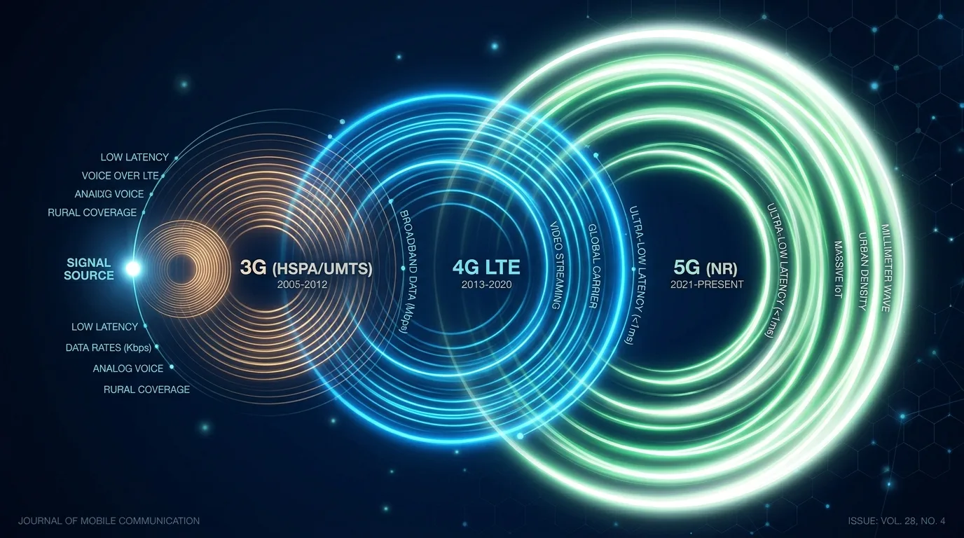 Signal tower infrastructure representing 3G to 5G uplink evolution